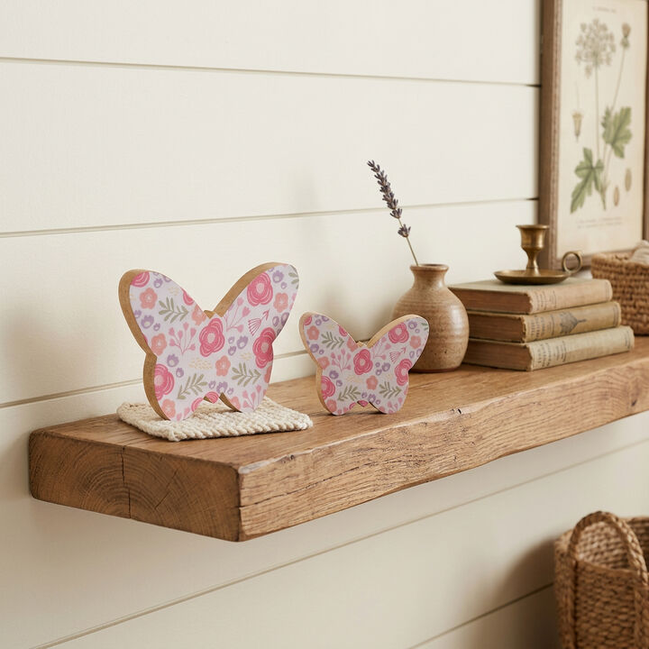 HomeRoots Set of Two White And Pink Wood Butterfly Tabletop Sculptures