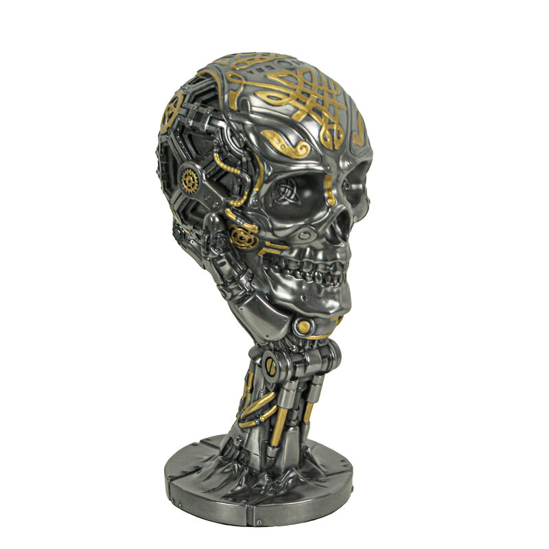 Silver / Gold Finished Steampunk Human Skull Statue - Robotic Arm Base image number 4