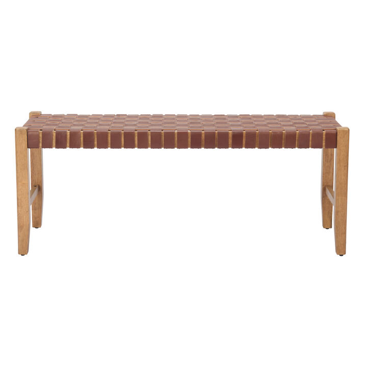 HomeRoots 48" Brown and Natural Genuine Leather and Solid Wood Bench