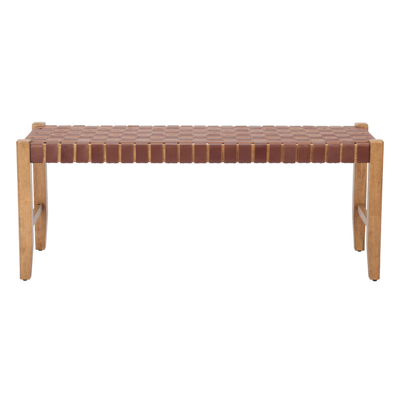 HomeRoots 48" Brown and Natural Genuine Leather and Solid Wood Bench image number 0