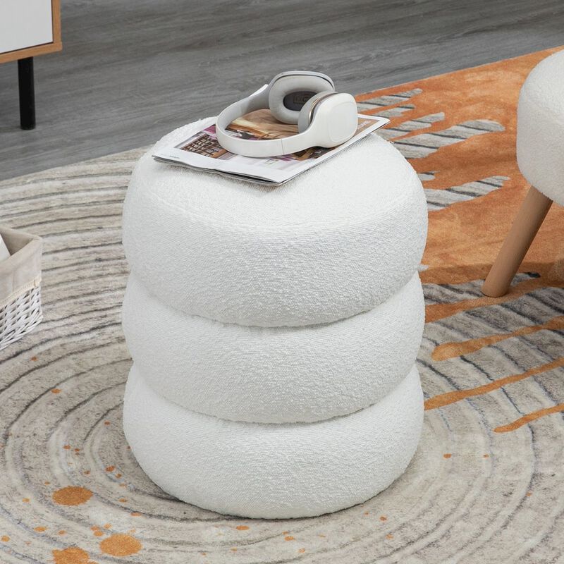 Glamour Home Azaria White Boucle Fabric Round Tufted Ottoman