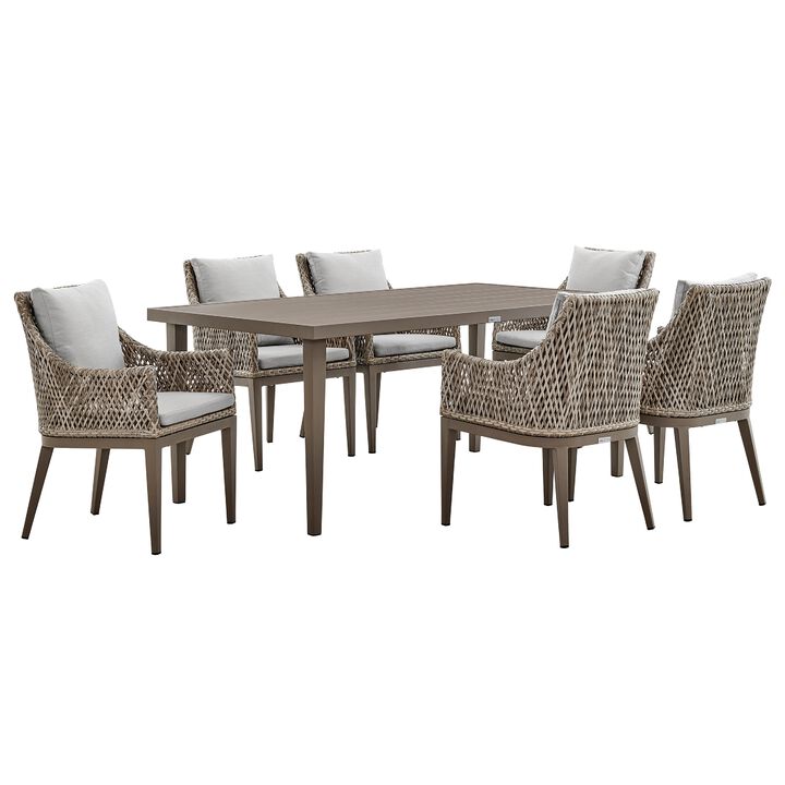 Sork 7pc Outdoor Dining Set, Gray Aluminum Table, 6 Brown Woven Rattan Chairs