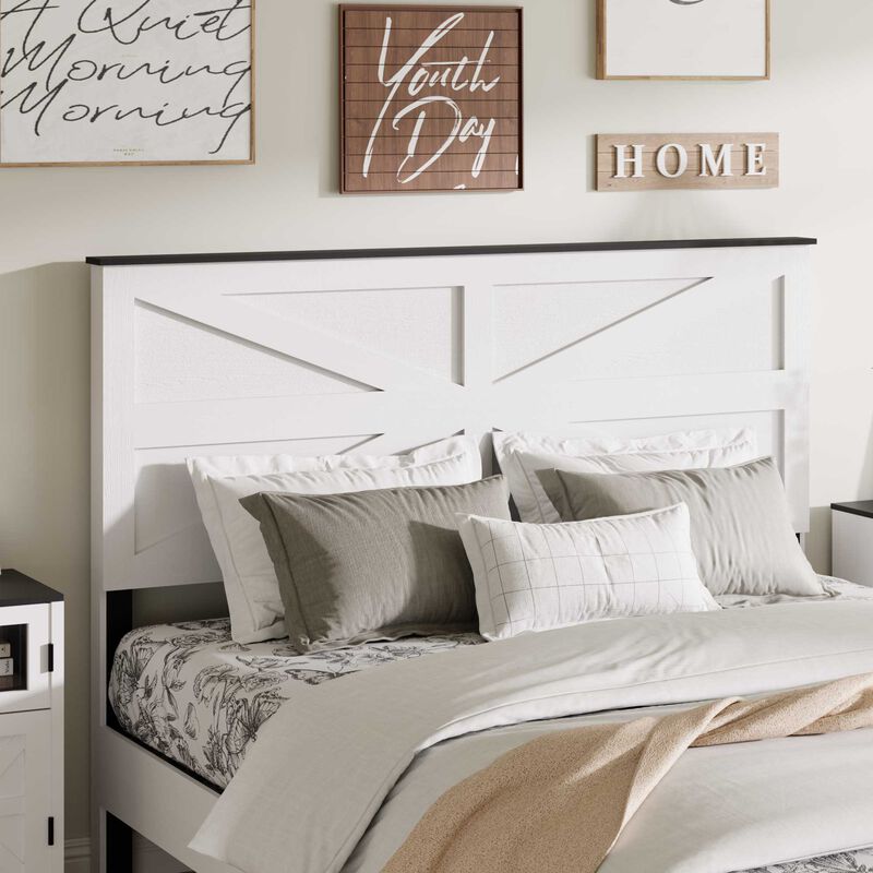 Wood and Metal Industrial Platform Bed with Geometric Paneled Headboard image number 4