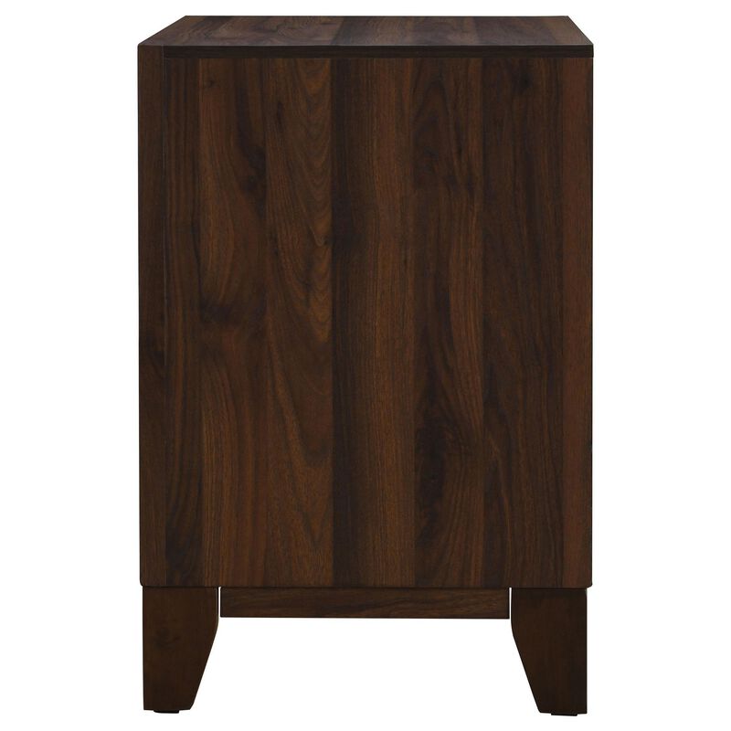 Yels Nightstand with 2 Drawers, Gold Metal Knobs, Walnut Brown