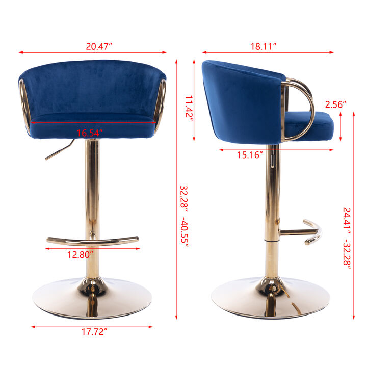 Set of 2 Bar Stools, with Chrome Footrest and Base Swivel Height Adjustable Mechanical Lifting Velvet + Golden Leg Simple Bar Stool-Navy