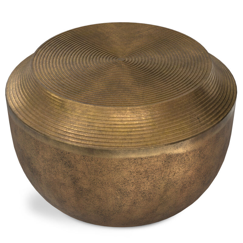 Timmons 21 inch Wide Round Contemporary Cast Aluminum Coffee Table in Antique Brass, Fully Assembled