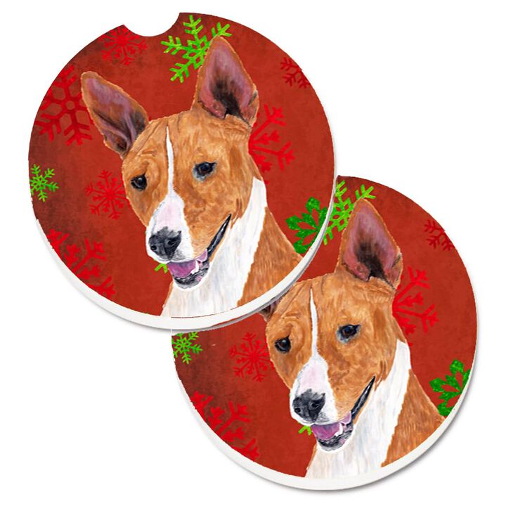 Caroline's Treasures Basenji Red & green Snowflakes Holiday Christmas Set of 2 Cup Holder Car Coasters SC9427CARC, 2.56, Multicolor