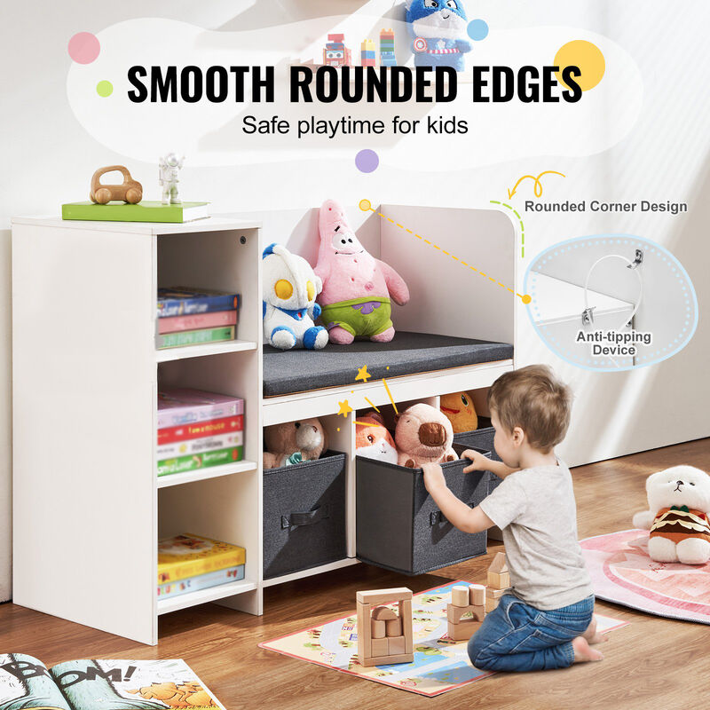 Kids Reading Nook Bench with 6 Cubby Storage Drawers and Detachable Seat Cushion