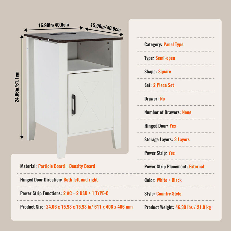 Set of 2 Farmhouse End Table With USB Ports and Outlets For Living Room