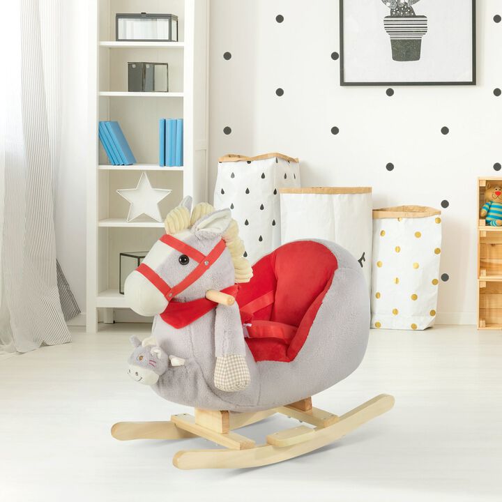 Kids Ride-On Rocking Horse Toy Rocker with Fun Song Music & Soft Plush Fabric for Children 18-36 Months - Grey