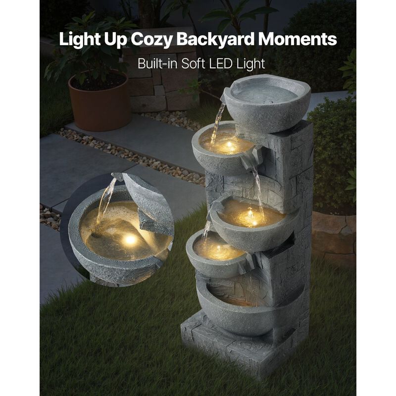 5-Tier Outdoor Water Fountain with LED Light, Cascading Bowl Design for Garden Patio image number 3