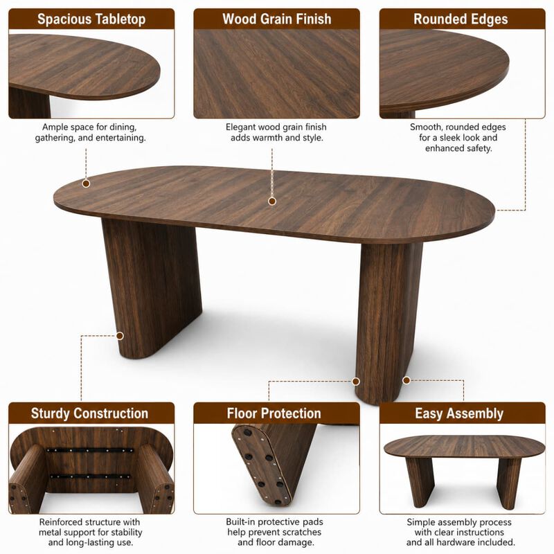 Oval dining table for 6 to 8 MDF dining table with metal frame Modern farmhouse dining table with wood strip base for kitchen image number 6