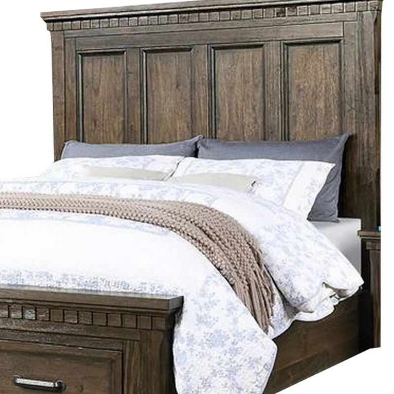 Ziv Classic California King Bed with Storage Drawers, Metal Handles, Brown - Benzara