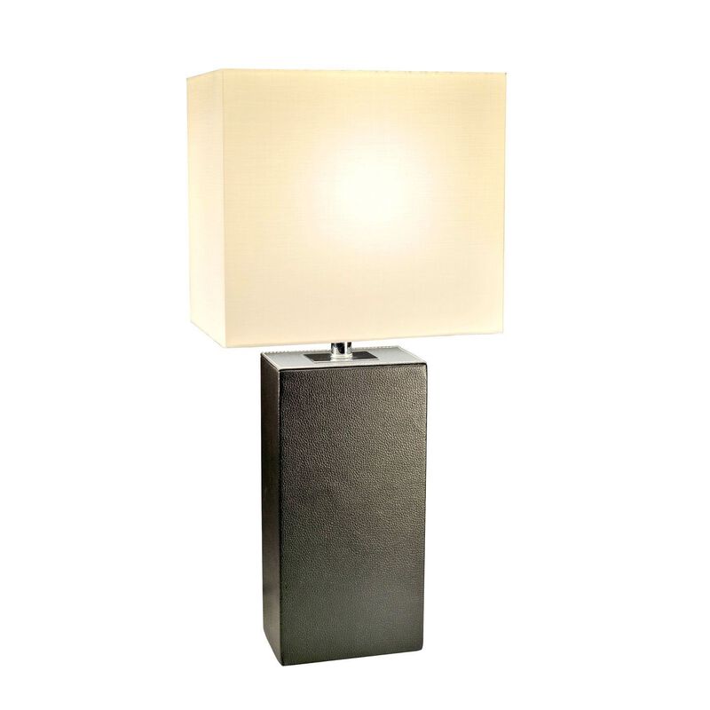Contemporary Leather Table Lamp with Fabric Shade