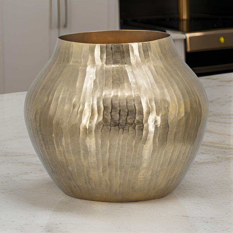 Kria 13 Inch Modern Vase, Curved Shape, Hammered Texture, Gold Metal Finish - Benzara