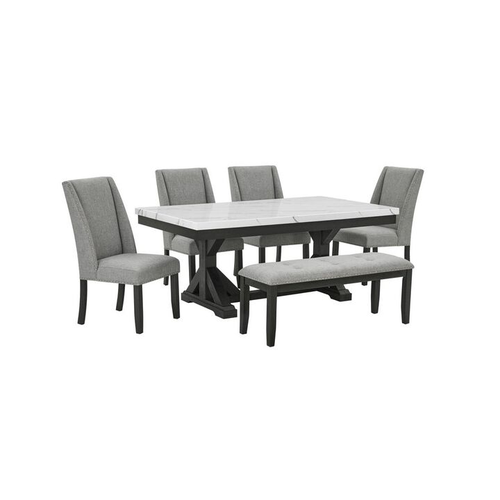 Best Quality Furniture 6Pc Fuax Marble Top Dining Set With 4 Gray Side Chairs And A Matching Bench