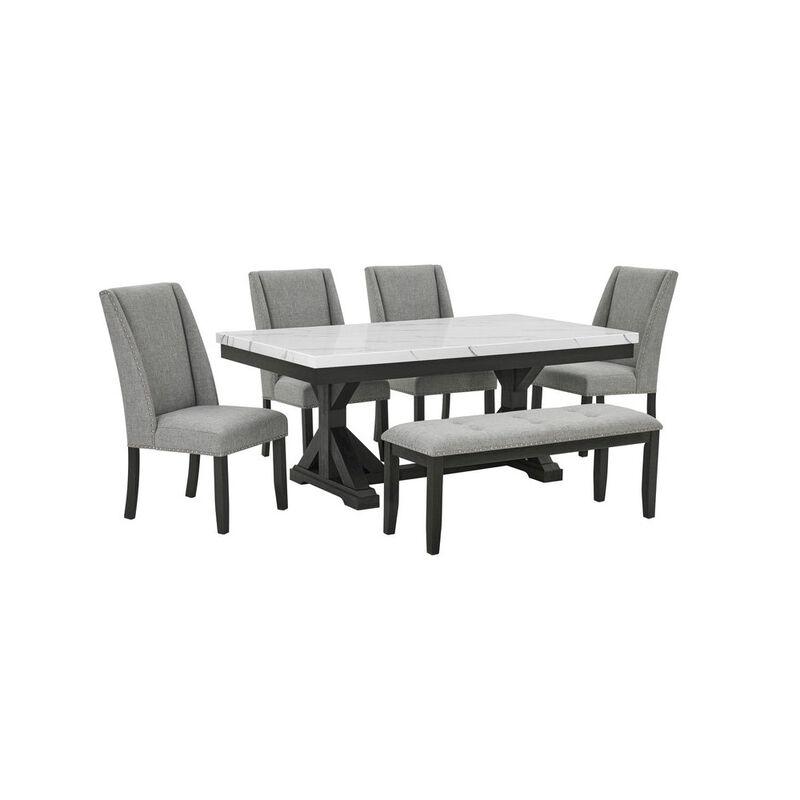 Best Quality Furniture 6Pc Fuax Marble Top Dining Set With 4 Gray Side Chairs And A Matching Bench