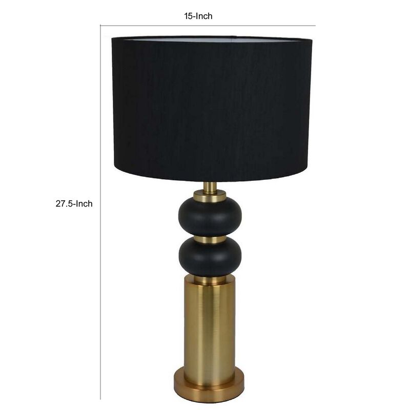 28 Inch Table Lamp, Black Drum Shade, Classic Gold Turned Body Design - Benzara