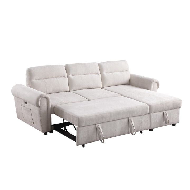 Lilola Home 97W Beige Chenille Reversible Sleeper Sectional Sofa Chaise with USB Charger