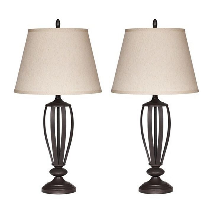 Metal Frame Table Lamp with Fabric Shade, Set of 2, Cream and Bronze-Benzara