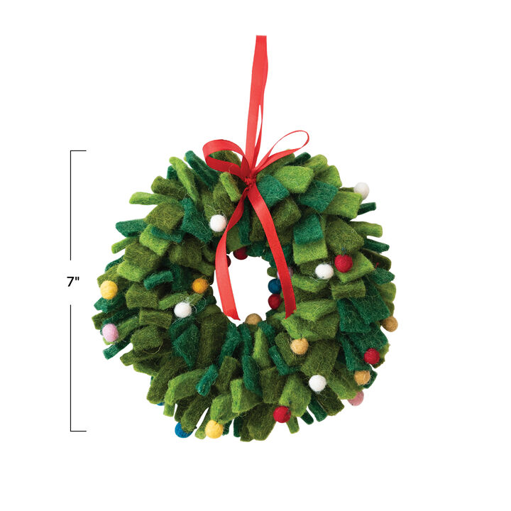 Round Handmade Wool Felt Wreath Ornament with Multicolor Pom Poms, Green