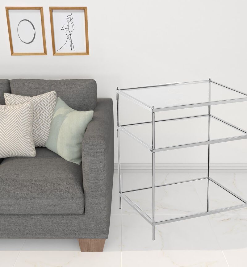 Homezia 27" Chrome Glass And Iron Rectangular Mirrored End Table With Shelf