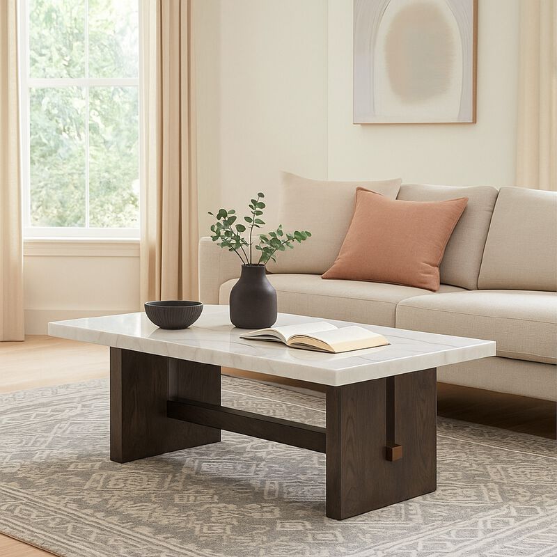 Haus Cocktail Coffee Table, Marble Top, Panel Legs, 52 Inch Brown Wood