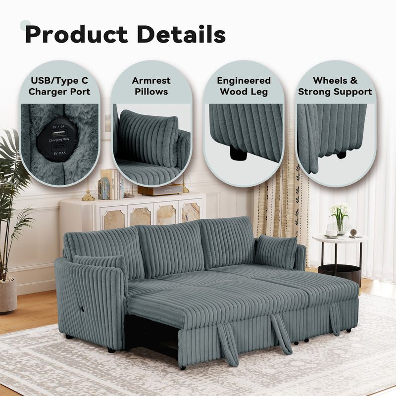 Convertible Sofa Bed with USB and Pillows Pullout Sleeper Sofa Couches 3-Seat Sofa for Living Room