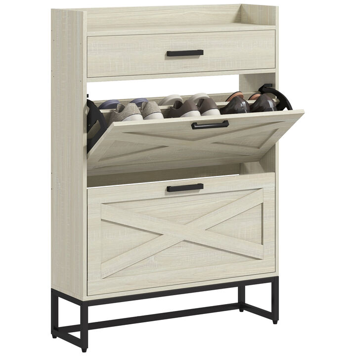 HOMCOM Narrow Shoe Cabinet with 2 Flip Doors and Top Drawer, White