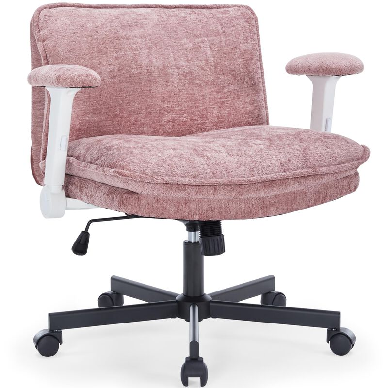 FanciSpot Cross Legged Office Chair with Wheels and Adjustable Flip-Arms, Criss Cross Desk Chair with Thick Cushion, Wide Seat C