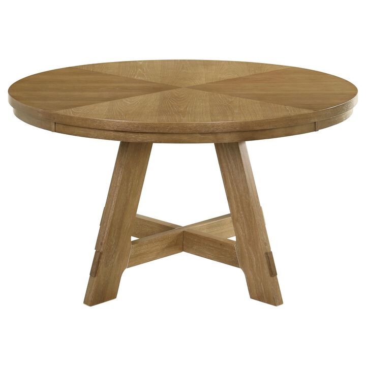 Danie Round Dining Table with Starburst Wedge Top, Brown Wood 54 Inch - Benzara