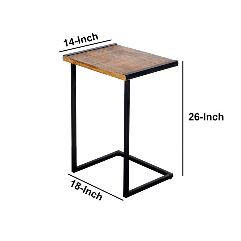 C Shaped Mango Wood Sofa side End Table with Metal Cantilever Base, Brown and Black