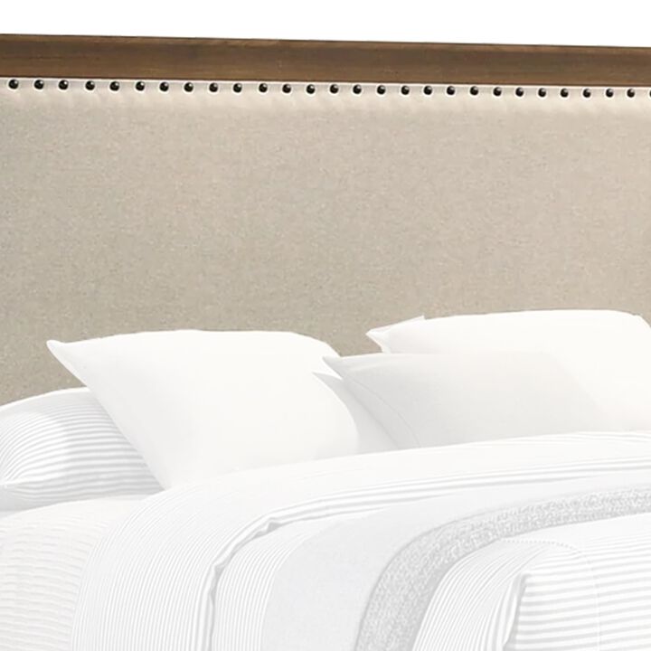 Shannon Queen Bed with Nailhead Trim, Ivory Fabric on Cherry Brown Wood