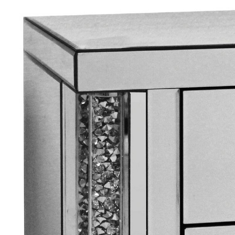 Noe 26 Inch 3 Drawer Accent Table Nightstand, Mirrored, Faux Diamond Inlay, Silver - Benzara
