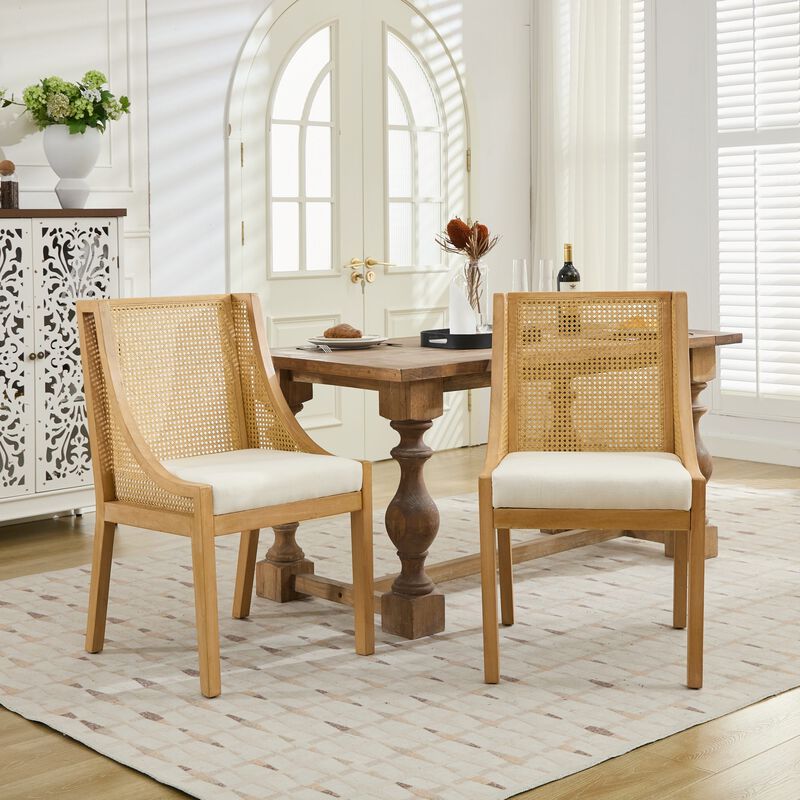 Whisen Rattan Dining Chairs, Solid Rubberwood Frame with Armrest, Linen Upholstered Seat, Set of 2 for Kitchen Living Room image number 2