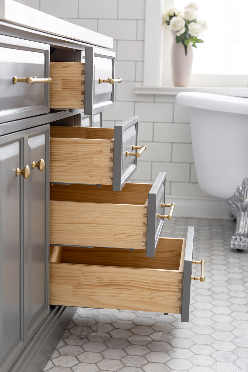 Palace 60 In. Double Sink Carrara Quartz Countertop Bath Vanity in Cashmere Grey with Satin Gold Hardware