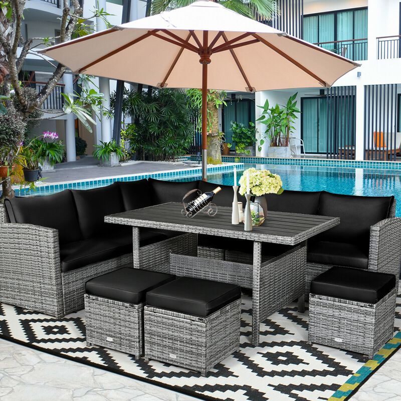 7 Pieces Patio Rattan Dining Furniture Sectional Sofa Set with Wicker Ottoman