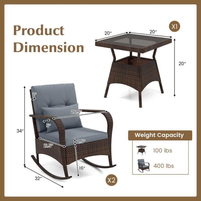 3 Piece Outdoor Rocking Set with Tempered Glass Coffee Table for Backyard Poolside image number 8
