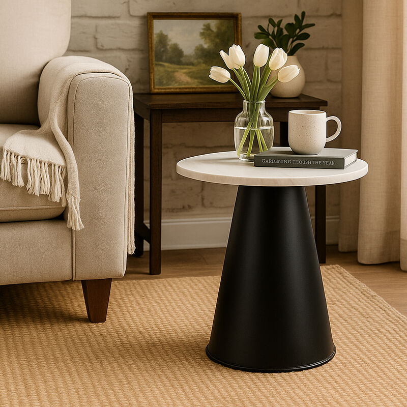 Riko Side End Table, White Natural Marble 18 Inch Round Top, Modern Black Pedestal Base