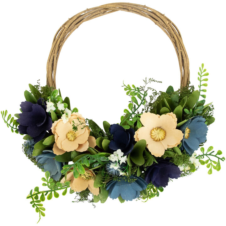 12" Blue and Tan Poppy Floral Wooden Spring Basket Wreath