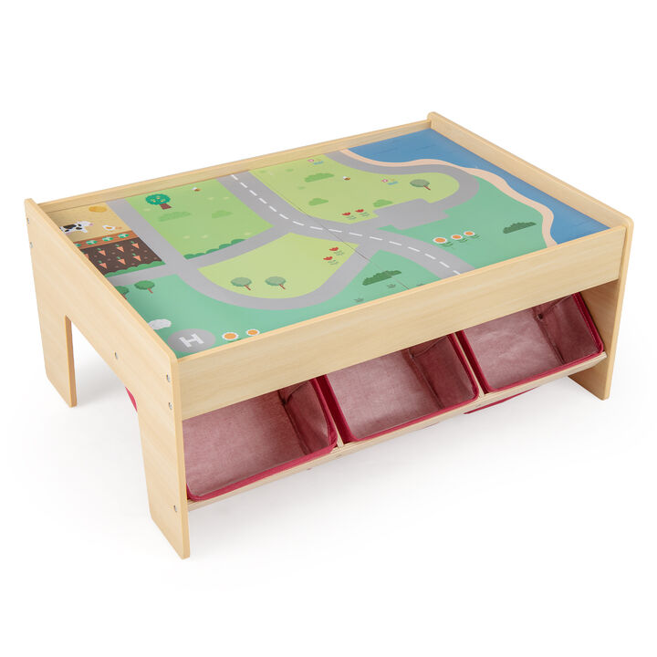 Wooden Kids Train Set Activity Table with 2 Reversible Table Tops-Natural