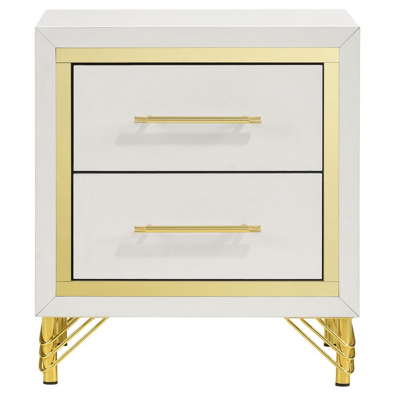 Jenny Nightstand, 2 Drawers, Hairpin Style Legs in Gold, Bar Handles, White - Benzara