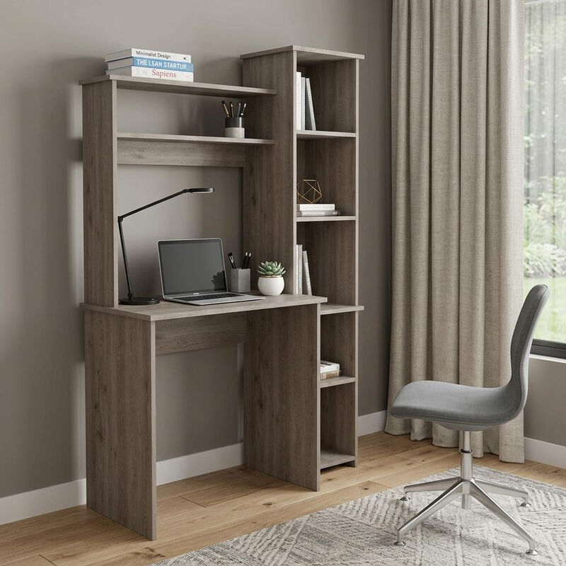 HomeRoots 39" Charcoal Wood Pedestal Computer Desk With Hutch image number 1