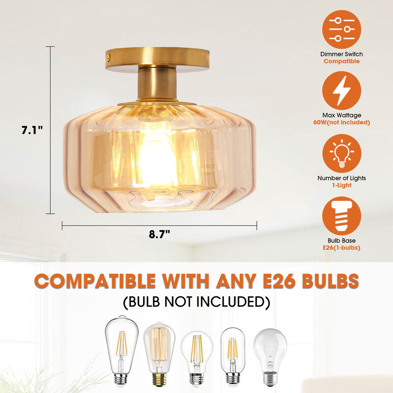8.7" Modern Amber Glass Semi Flush Mount Ceiling Light