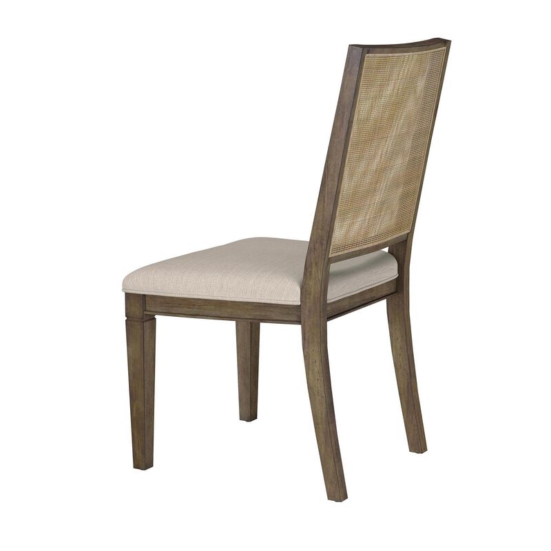 Andy Dining Side Chair Set of 2, Woven Rattan, Gray Fabric, Brown Wood - Benzara