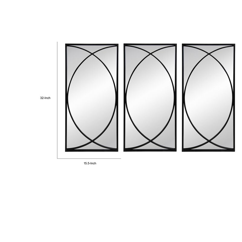 32 Inch 3 Piece Wall Mirror, Concentric Circles, Stylish Black Metal Frame-Benzara