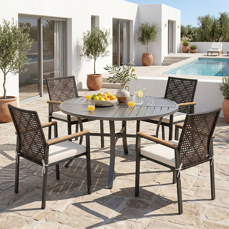 Hand Woven Patio Chairs Set of 4 with Acacia Wood Armrests Outdoor image number 1