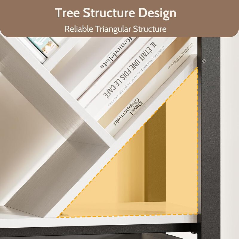 Bookshelf, 5 Tier Bookshelves with Tree Display Shelves, 65&rdquo; Tall Floor Standing Bookcase with 2 Drawers and 6 Adjustable Feet for Home, Office image number 3