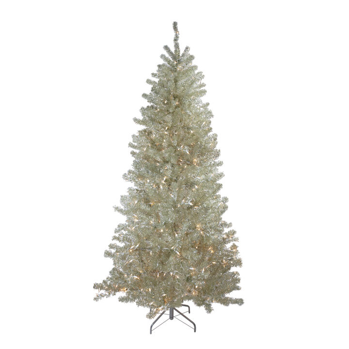 6' Pre-Lit Silver Champagne Artificial Metallic Tinsel Christmas Tree - Clear Lights