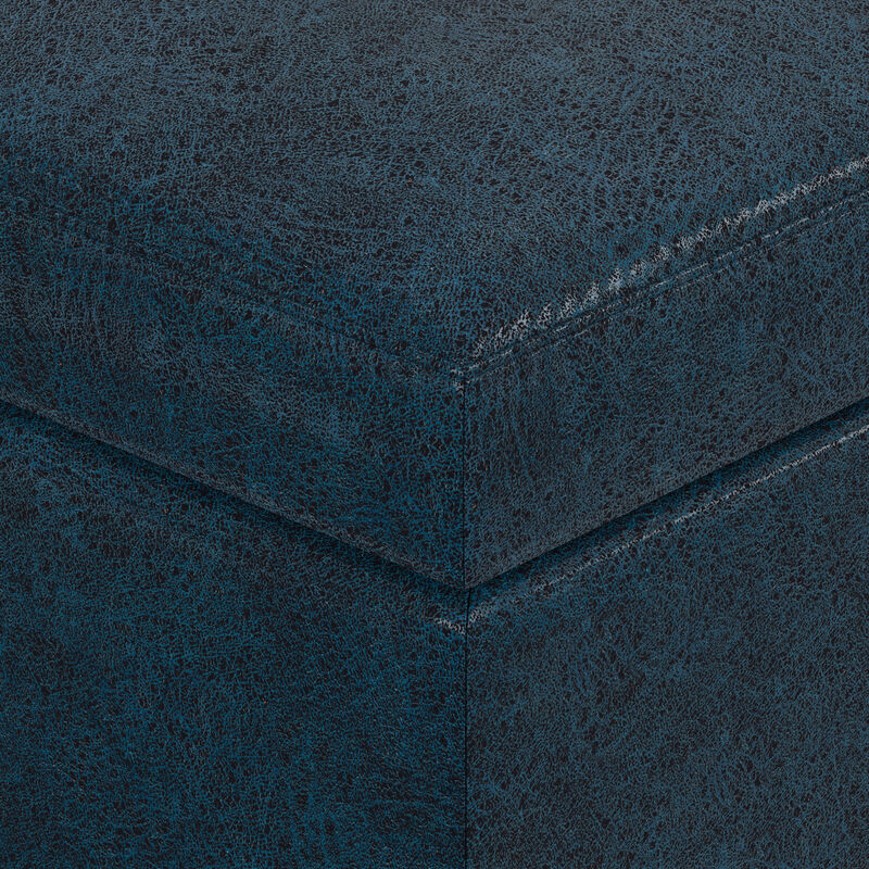 Owen 34 inch Wide Mid Century Modern Rectangle Coffee Table Storage Ottoman in Distressed Dark Blue Vegan Faux Leather, Assembled image number 4